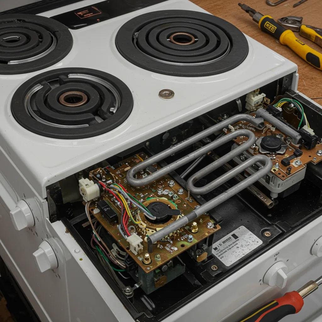 Close-up of an electric stove with burners removed, revealing internal components ready for repair