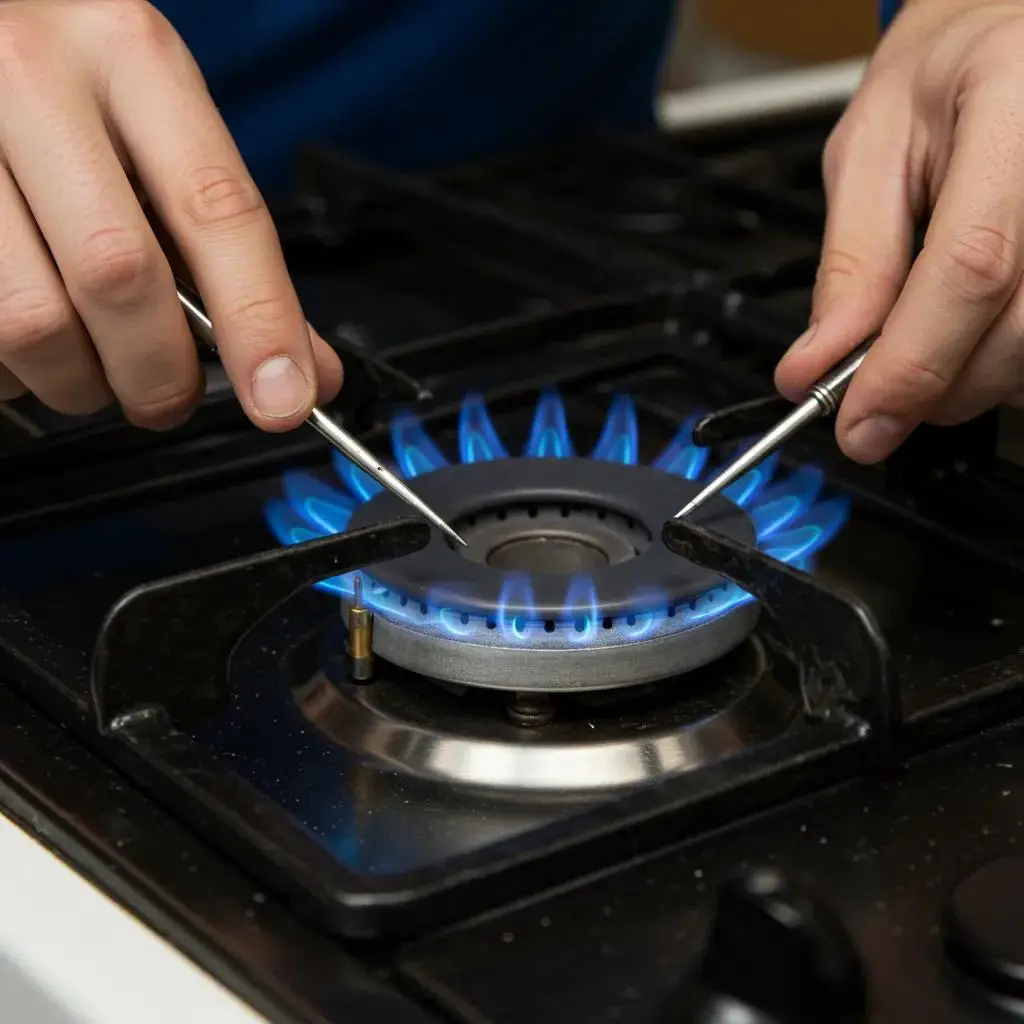 Technician carefully inspecting a gas stove burner assembly for blockages and gas flow problems