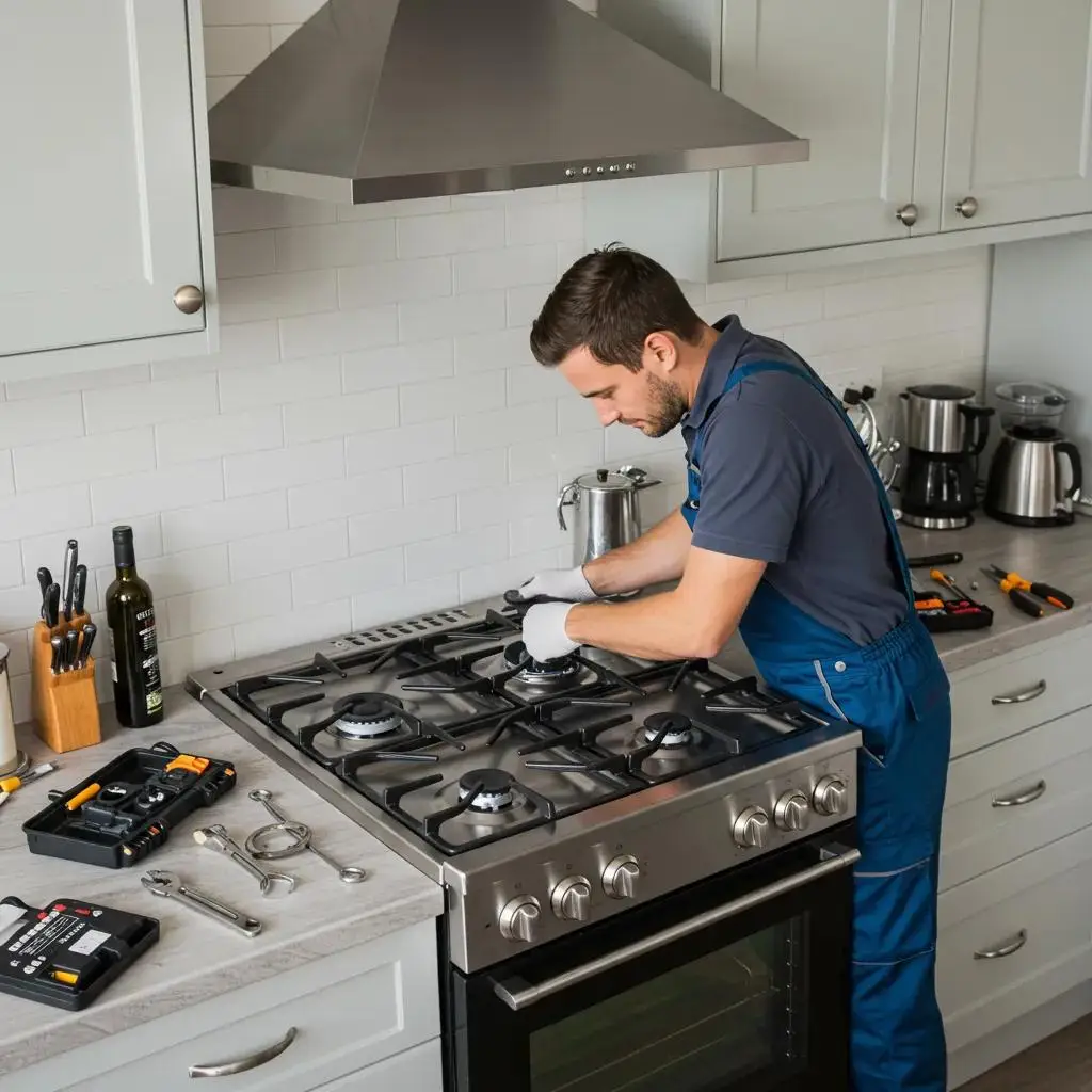 Technician repairing a gas stove in a modern kitchen, emphasizing professional stove repair services